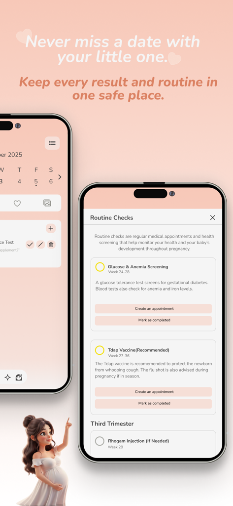 Pregnancy Tracker: Mama - A smartphone screen displaying a pregnancy routine checks list and an appointment calendar within the Mama app.