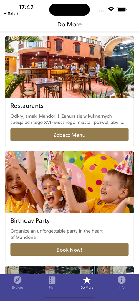 Mandoria - Mandoria app screen showing options for restaurants and birthday party bookings