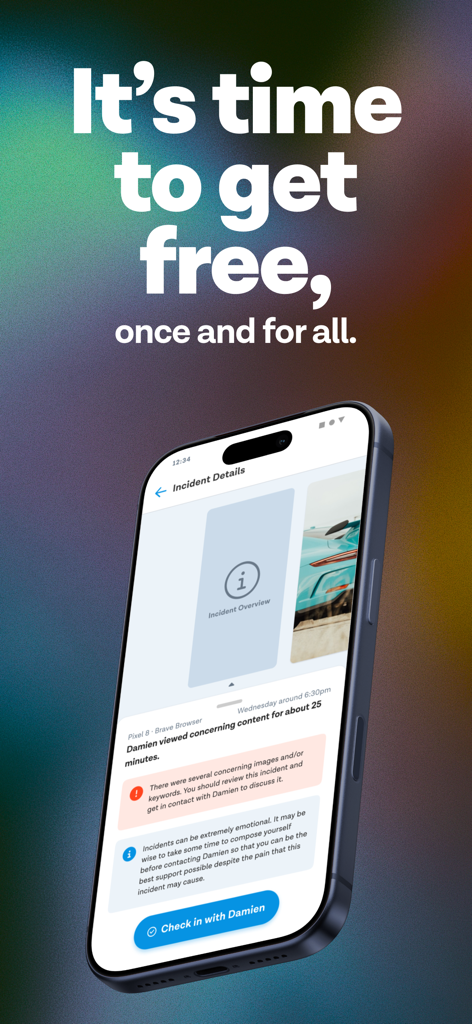 Ever Accountable - Full Safety - Ever Accountable app showing a detailed incident report and a button to check in with an accountability partner.