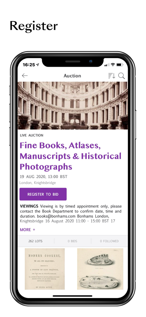 Bonhams - Bonhams app interface showing a registration page for a live auction of fine books and historical photographs