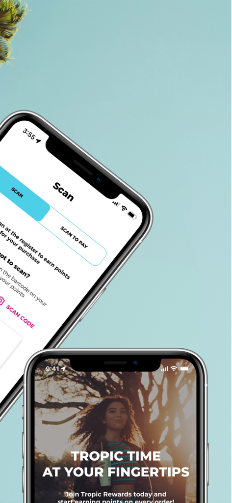 Tropical Smoothie Cafe app displaying scan to pay and Tropic Rewards features on two iPhones.
