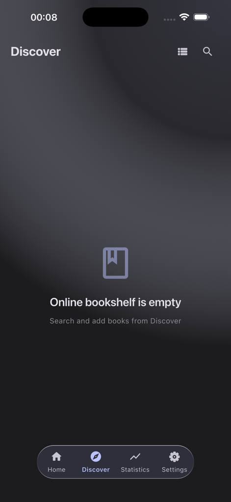 ShuRead - Nas Novel Reader - Captura de pantalla de la sección Descubrir de la aplicación ShuRead que muestra un mensaje de estantería en línea vacía y el menú de navegación.