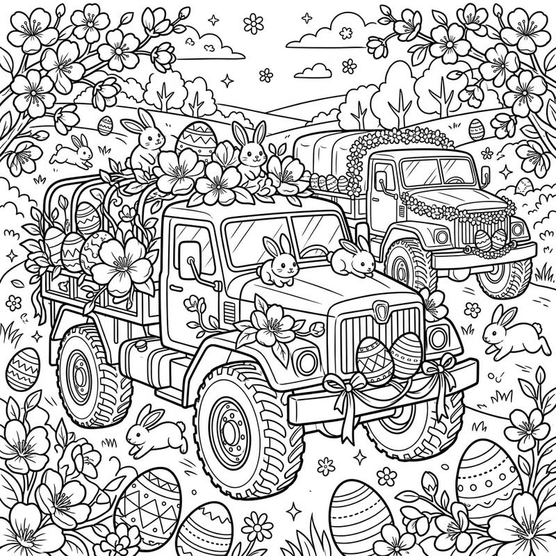 Rev up your creativity with this unique coloring page featuring robust military trucks transformed for Easter. Discover adorable bunnies, decorated eggs, and vibrant spring blossoms ready for your artistic touch.