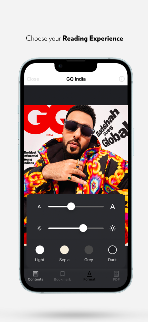 La aplicación GQ India Digital muestra la configuración de la experiencia de lectura, incluido el tamaño de fuente, el brillo y los temas de color
