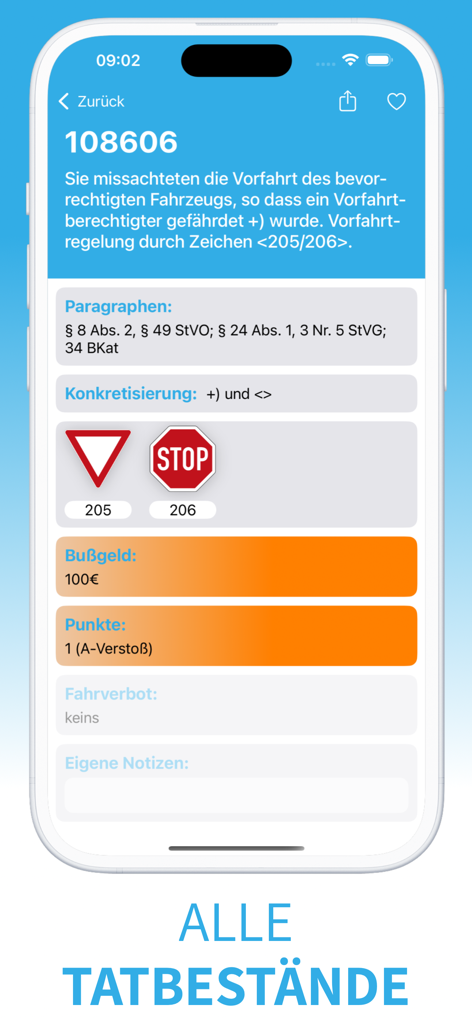 Tatbestandskatalog - Screenshot of the Tatbestandskatalog app showing details of a traffic violation including the fine amount and relevant traffic signs.