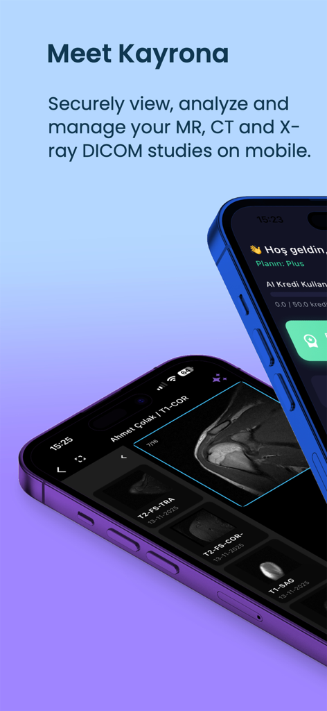 Kayrona DICOM AI Viewer - Kayrona DICOM AI Viewer app interface on smartphones showing medical imaging scans and analysis