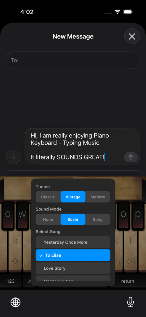 Piano Keyboard - Typing Music - A vintage style piano keyboard for typing with settings menu for music modes and themes