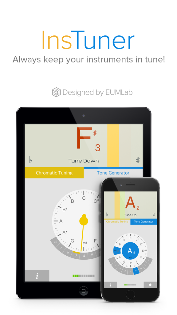 insTuner Free - Chromatic Tuner - insTuner chromatic tuner interface displayed on an iPhone and iPad.