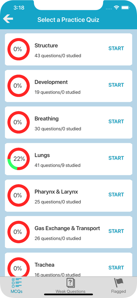 Respiratory System Quizzes - Interface de aplicativo móvel mostrando categorias de questionários práticos para o sistema respiratório incluindo pulmões e respiração com acompanhamento de progresso