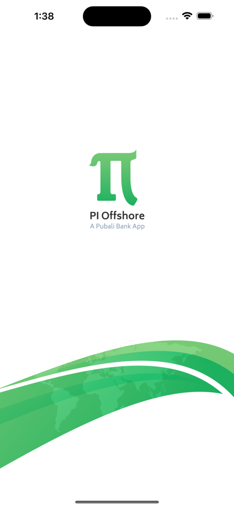 PI Offshore Banking - PI Offshore Banking app splash screen featuring the green Pi symbol logo and Pubali Bank branding