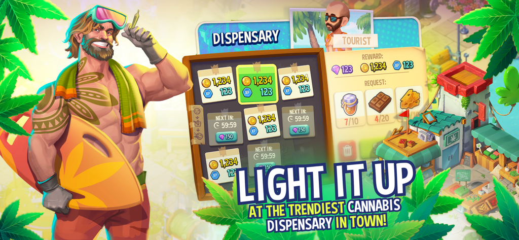 Hemp Paradise: 420 Weed Farm - Hemp Paradise mobile game showing the cannabis dispensary menu and a surfer character