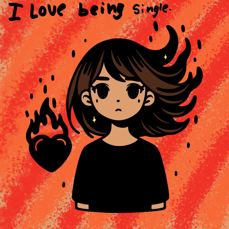 girl with a black atmosphere around her,her hair is floating behind her and in front of her stands a bright red heart of fire