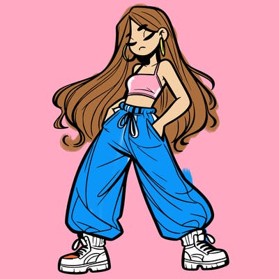 girl in baggy pants crop top and long hair