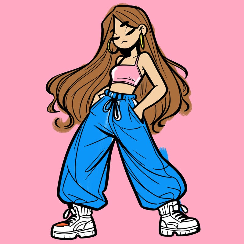 girl in baggy pants crop top and long hair
