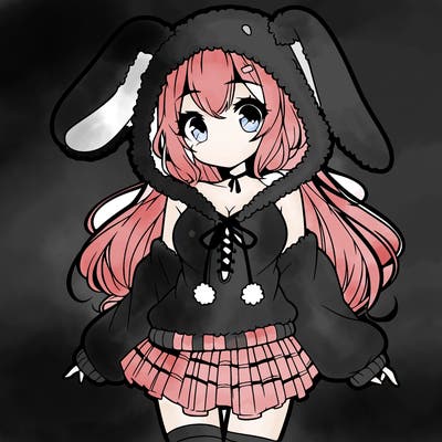 pretty anime girl wearing a fluffy hoodie with bunny ears on the hood and a skirt