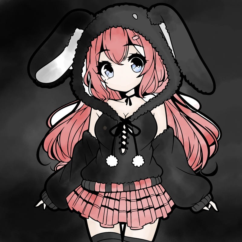 pretty anime girl wearing a fluffy hoodie with bunny ears on the hood and a skirt