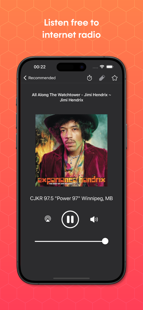 Eter app player screen showing a radio station playing Jimi Hendrix