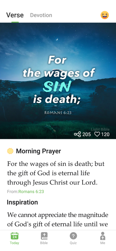 Daily Bible verse Romans 6 23 on a landscape background with morning prayer text
