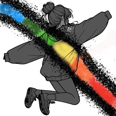 realistic girl jumping with a bun and oversized sweatshirt