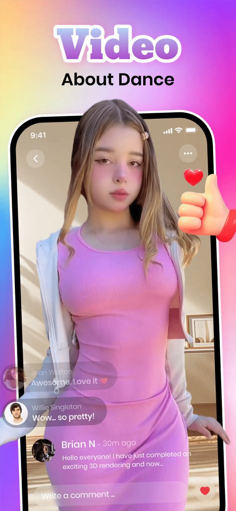 Blimi: Adult Show, Connect - A screenshot of the Blimi app showing a girl in a pink dress in a dance video feed with user comments and social engagement icons.