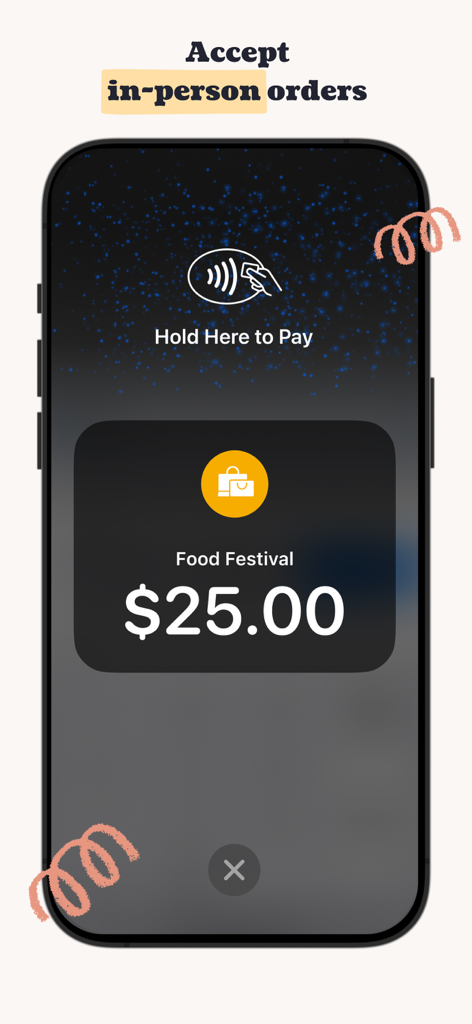 Écran de l'application Ticket Tailor montrant le Paiement par Tap sur iPhone pour les ventes de billets d'événements
