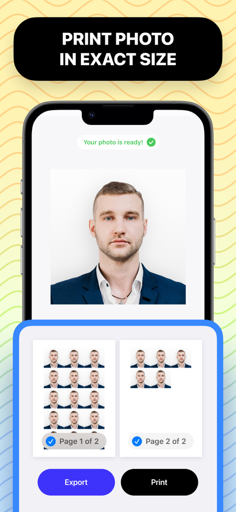 iPhone exibindo uma foto de passaporte finalizada e um layout de impressão com várias fotos para impressão em tamanho exato