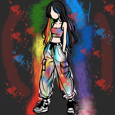 girl in baggy pants crop top and long hair