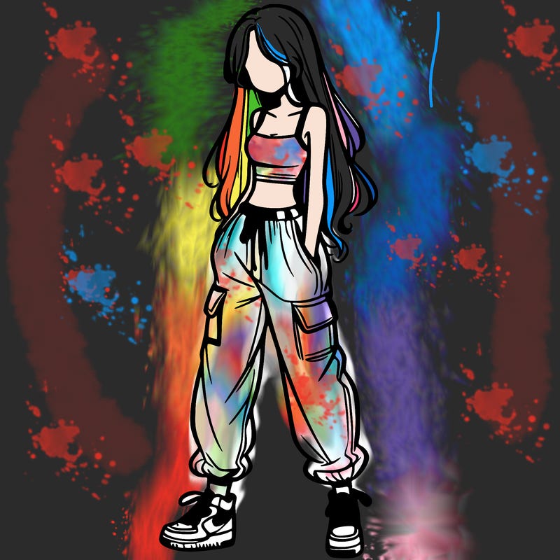 girl in baggy pants crop top and long hair