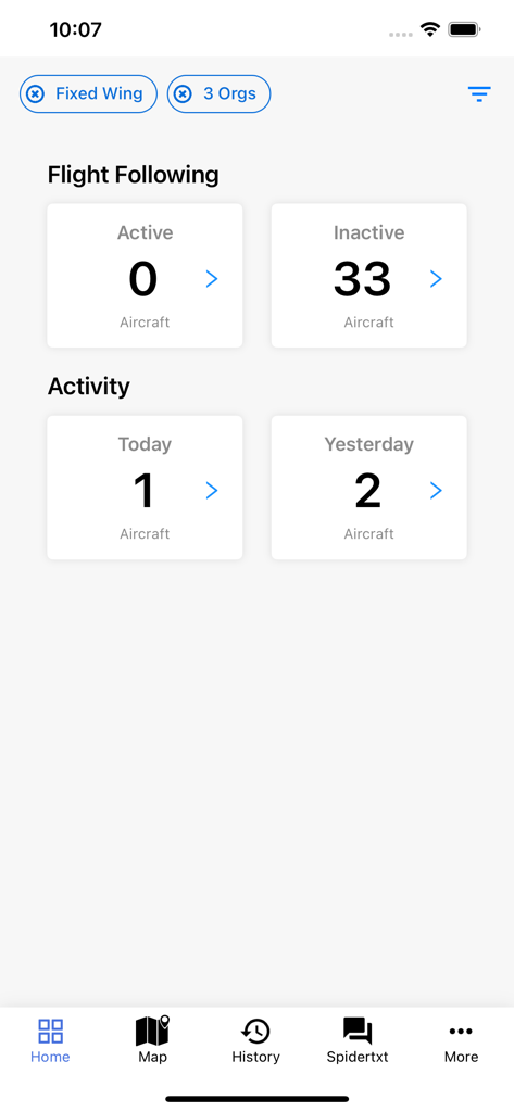Spidertracks mobile app home screen showing aircraft fleet status and activity summary