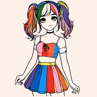 realistic girl in a skirt crop top and pigtails