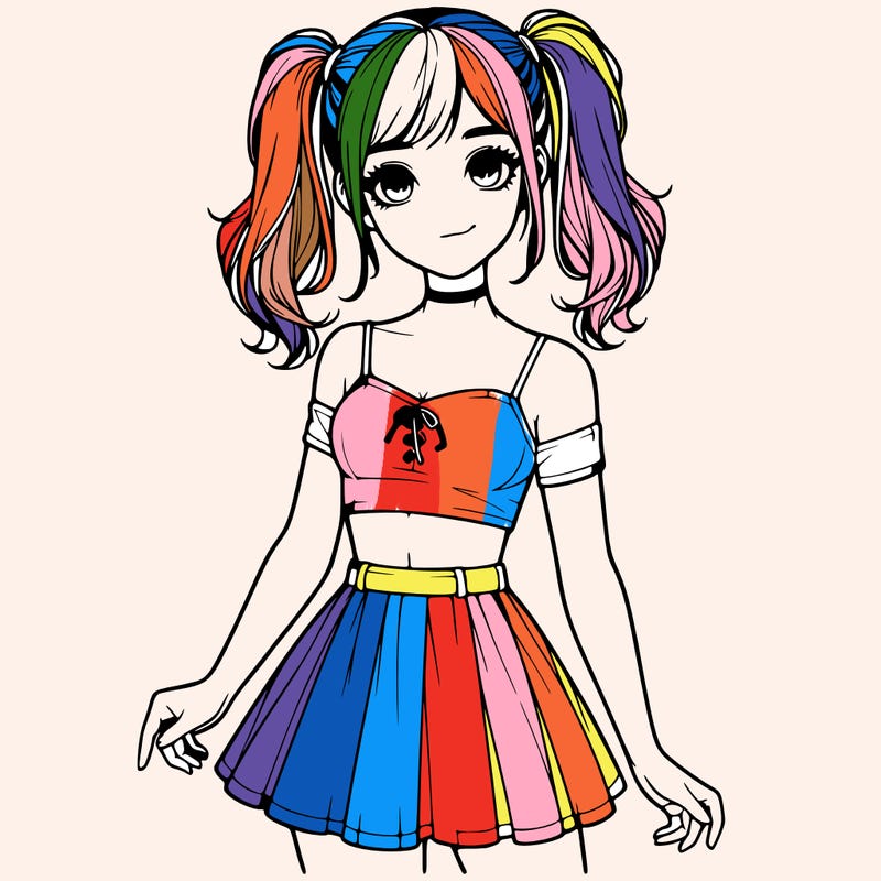 realistic girl in a skirt crop top and pigtails