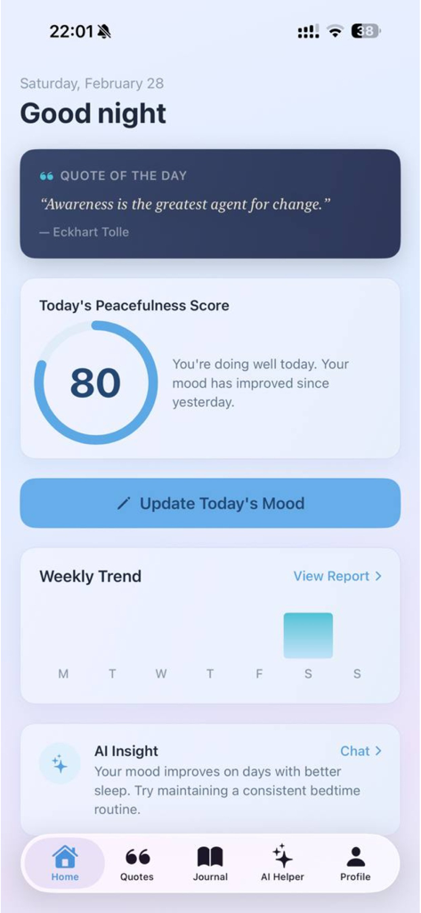 Mindora AI Assistant - Mindora AI Assistant home screen with peacefulness score and daily mood insights