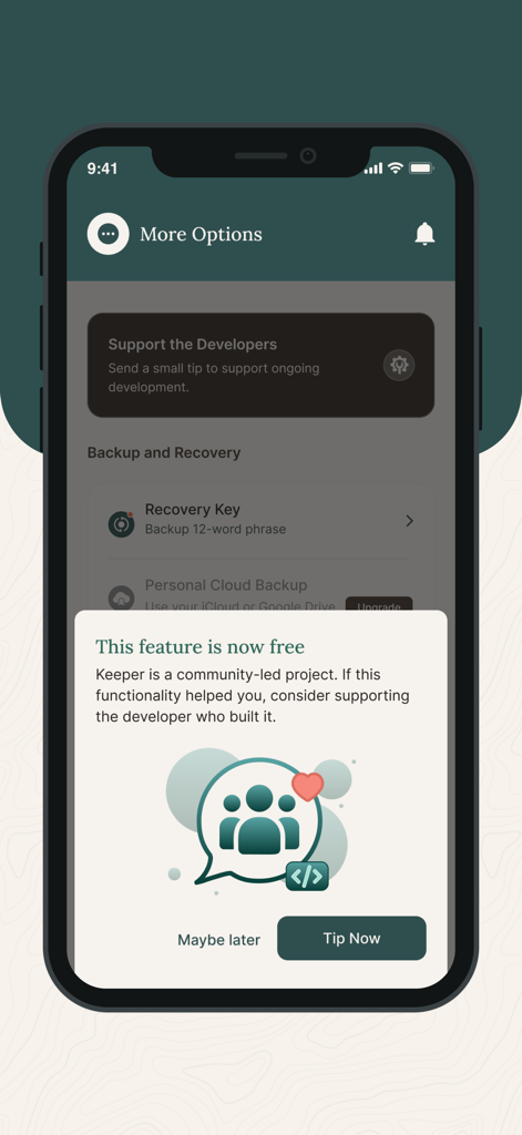 팁으로 프로젝트를 지원하도록 사용자를 초대하는 비트코인 키퍼 앱 팝업