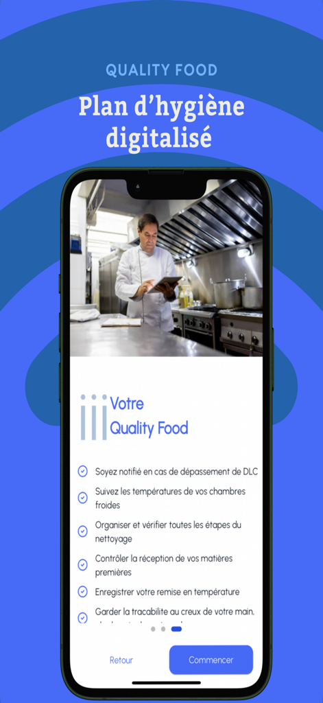 Quality Food - Schermata dello smartphone che mostra le funzionalità dell'app Quality Food per la gestione digitale della sicurezza alimentare