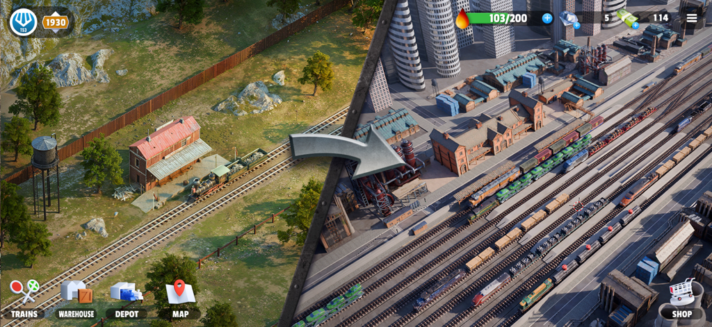 Train Station 3 - Un confronto tra un'epoca storica di treni a vapore e un moderno impero ferroviario industriale in Stazione Ferroviaria 3.