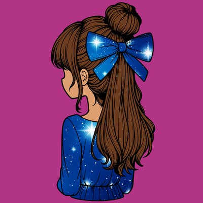 realistic girl  with hip length hair a bun and a big bow on the back of head
