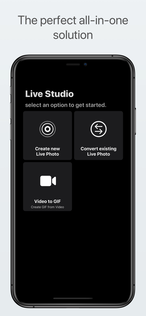 Live Studio - All-in-One - Live Studio app interface showing options to create new Live Photos or convert videos to GIFs