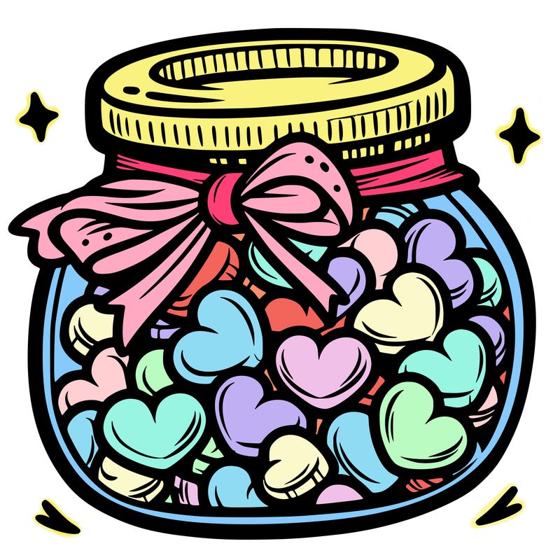 a jar filled with heart-shaped candies and a ribbon around the neck.