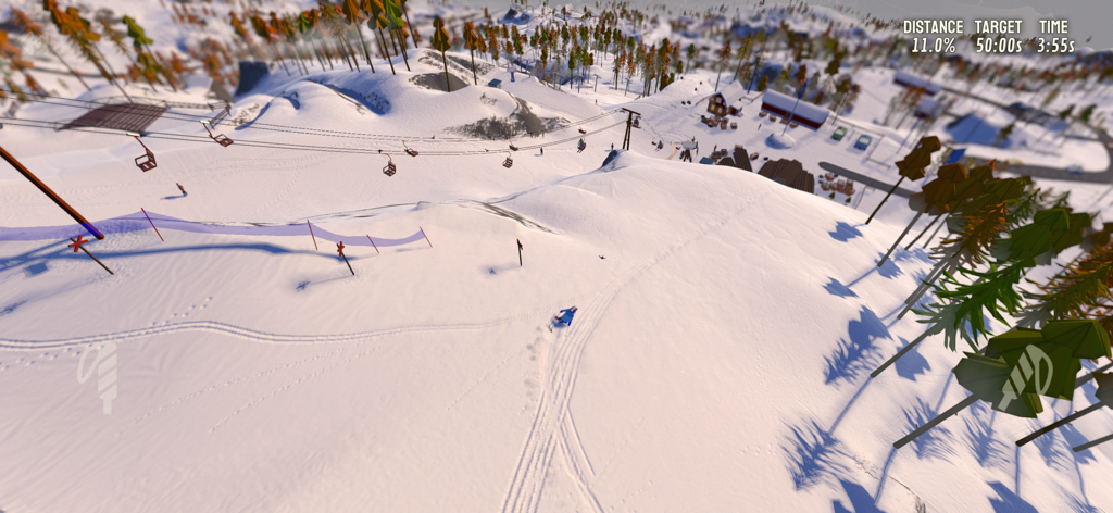 Grand Mountain Adventure 2 - Vista aerea di uno sciatore che scende un pendio montano innevato vicino a impianti di risalita e a un villaggio in Grand Mountain Adventure 2.