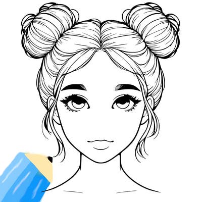 realistic girl with two buns on top of her head