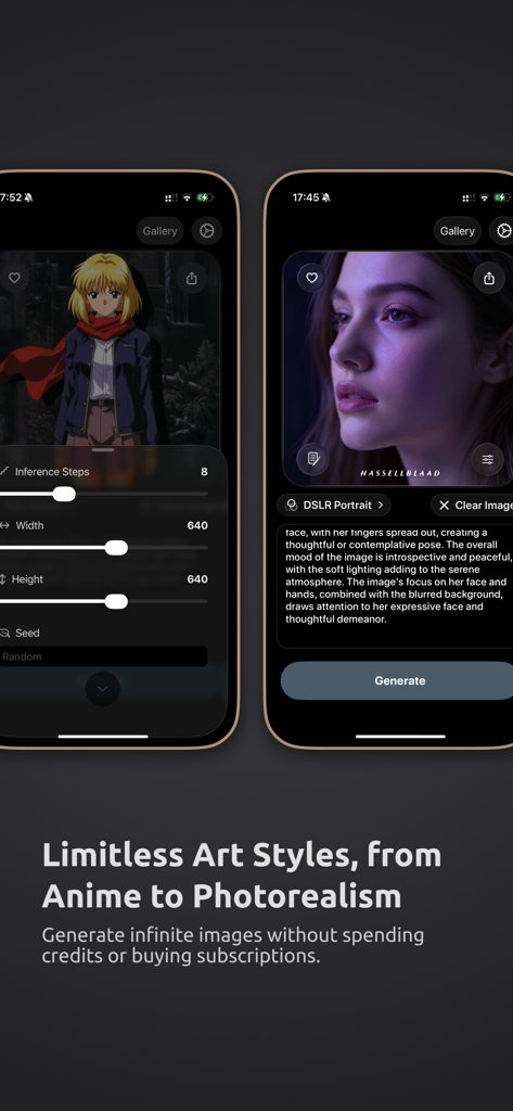 ImageLab - AI Image Generator - ImageLab app interface showing anime and photorealistic AI generated images with professional editing controls
