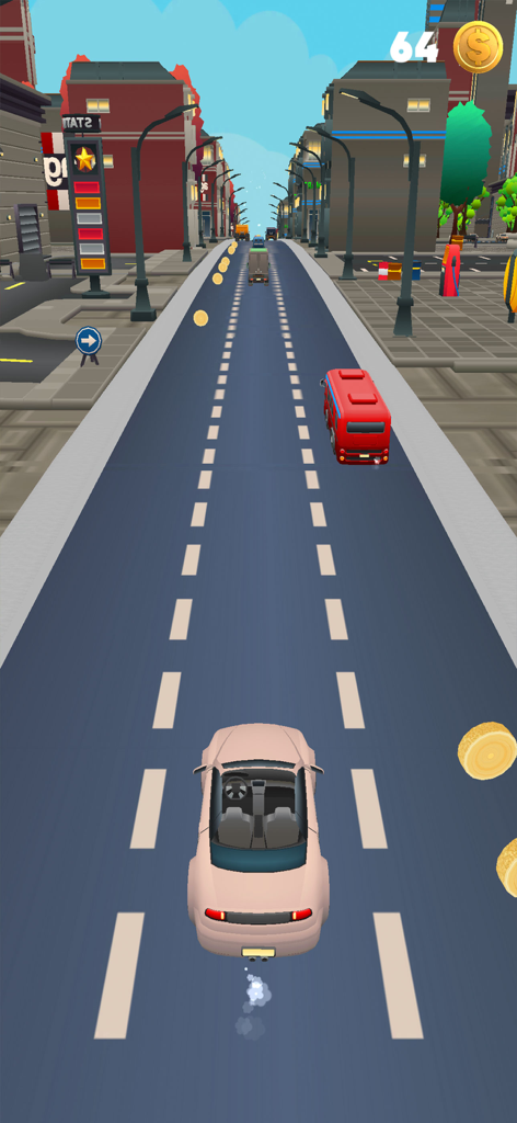 Un descapotable rosa compitiendo por una calle de la ciudad recogiendo monedas de oro en un juego de coches para niños.