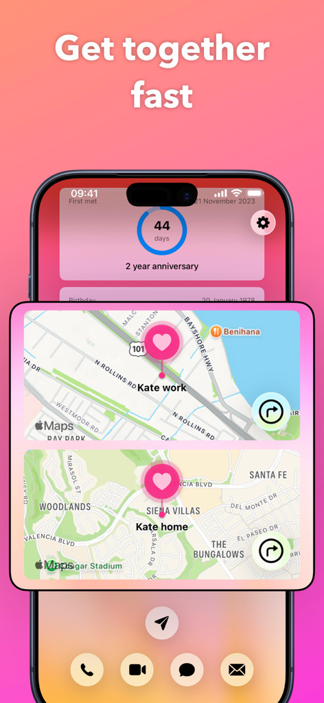 Darling - Tela do iPhone exibindo o widget de localização do aplicativo Darling com endereços de casa e trabalho e uma contagem regressiva para o aniversário.