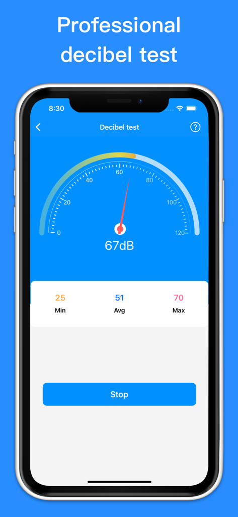 Cleaner - Clean Storage - Interfaz de prueba de decibelios en un teléfono móvil mostrando una lectura de nivel de ruido de 67 decibelios con estadísticas mínimas, medias y máximas