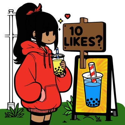 girl with oversized hoodie drinking boba and she has a high ponytail with a sign that says 10likes?