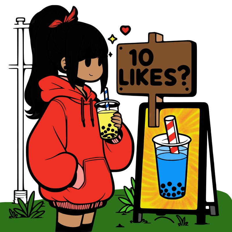 girl with oversized hoodie drinking boba and she has a high ponytail with a sign that says 10likes?