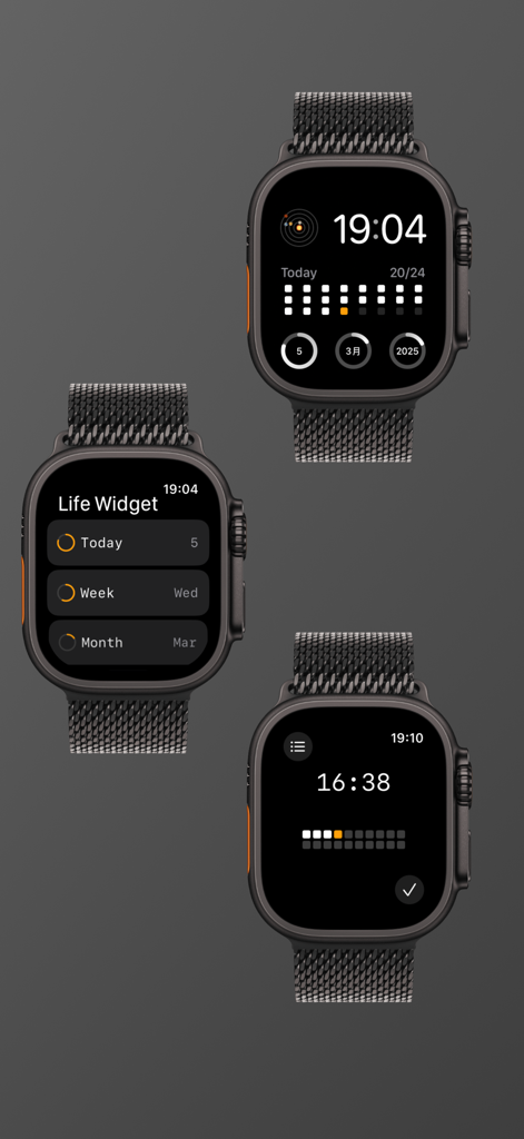 Life Widget - Time Progress - Três Apple Watches exibindo interfaces minimalistas de rastreamento de progresso de tempo do aplicativo Life Widget