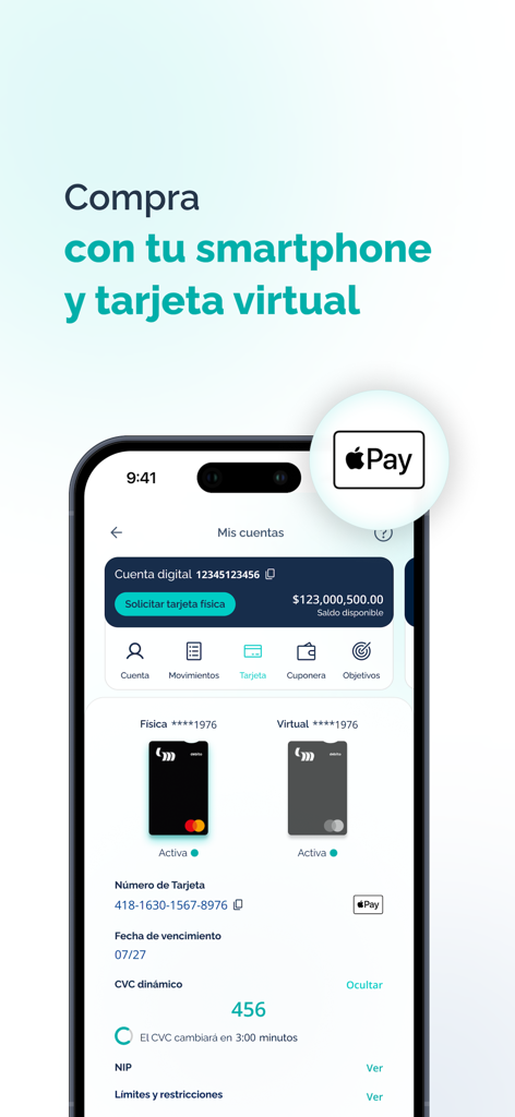 Mifel - Mifel app interface displaying virtual card details and Apple Pay integration for mobile payments