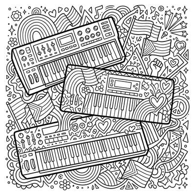 Celebrate love, diversity, and music with this intricate Digital Synthesizers Pride Month coloring page. Featuring detailed keyboards surrounded by rainbows, flags, and symbols of unity, it's a vibrant tribute to joy.