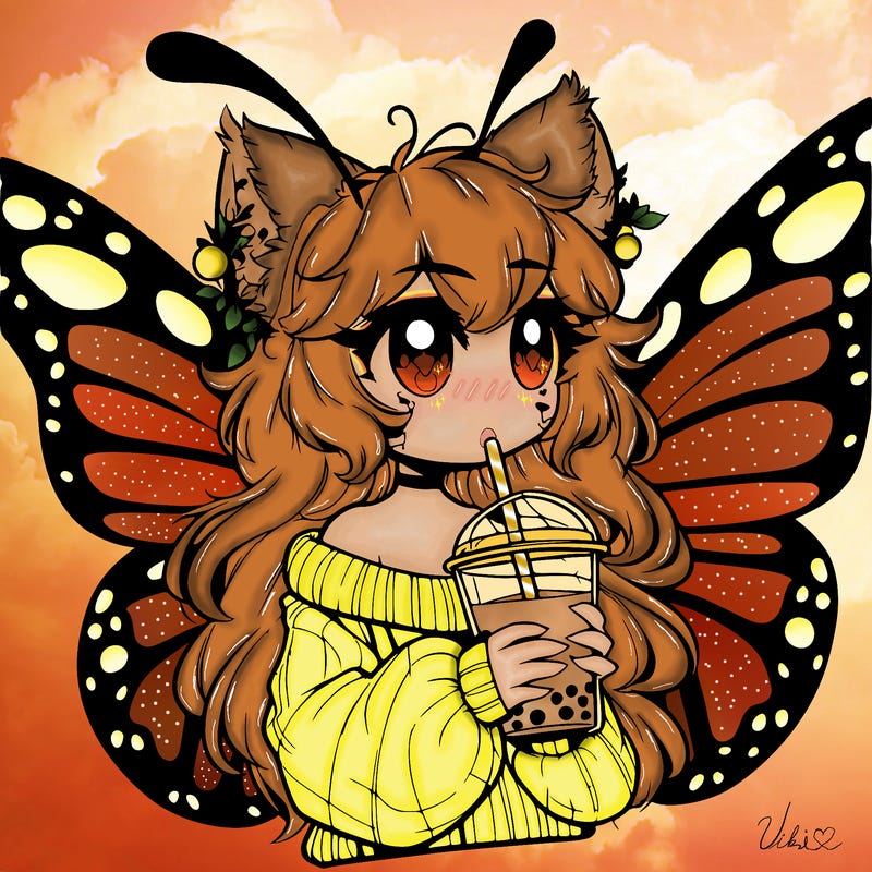a realistic butterfly/furry girl drinking boba